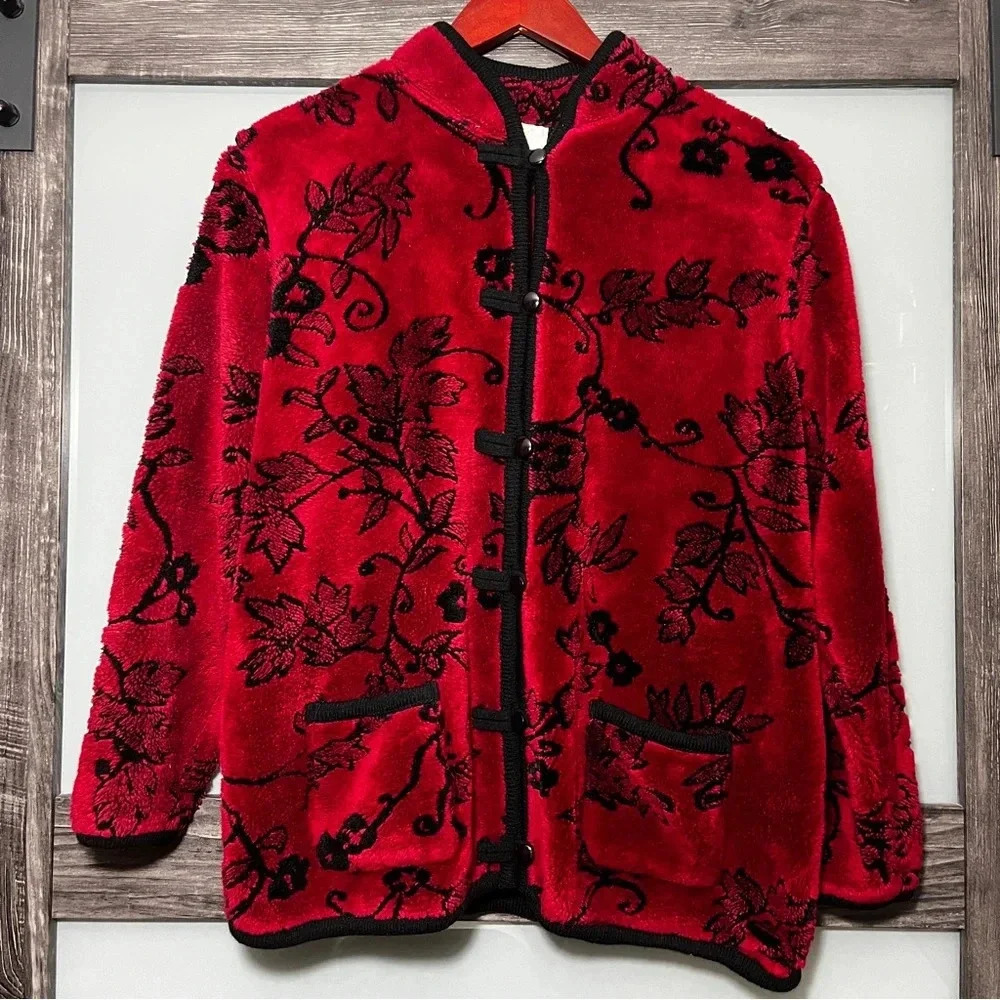 Vintage Tally-Ho Deep Red Floral Leaves Jacket Kimono Style Button Down Small